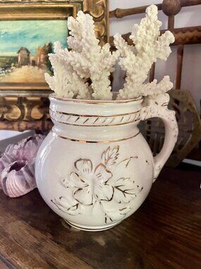 Vintage White Porcelain Cream Jug with Gilt Trim, Raised Floral Detail